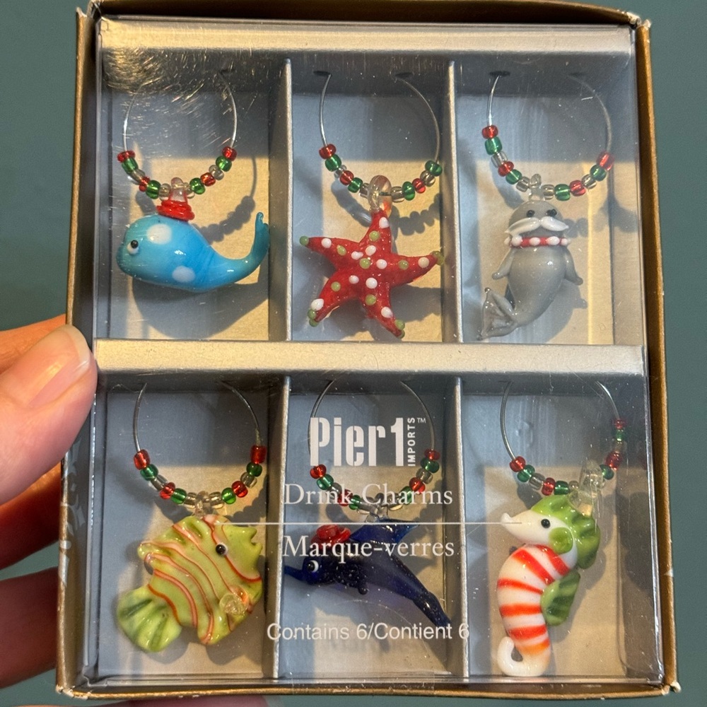 Pier 1 Yule Tides Collection Coastal Whale Walrus Seahorse Wine Charm Set of 6
